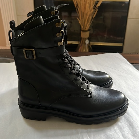 Antonio Melani Black Dylan Buckle Leather Lug Sole Combat Booties. - Picture 13 of 15